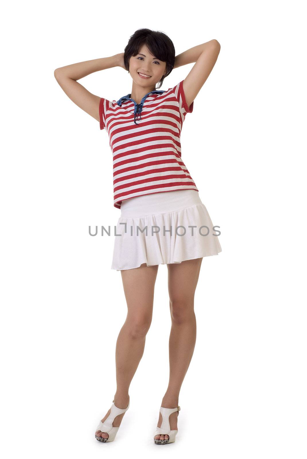 Asian girl with smiling face posing, full length portrait isolated on white background.