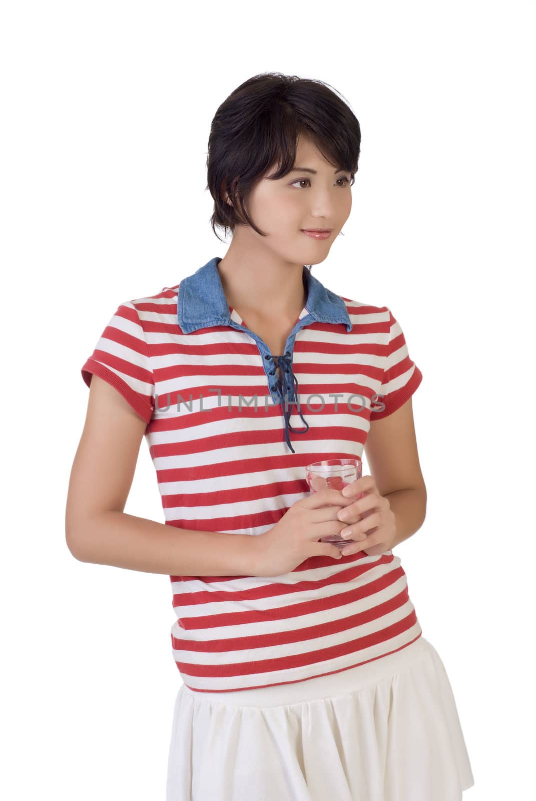 Young girl holding glass of water and thinking, closeup portrait on white background.