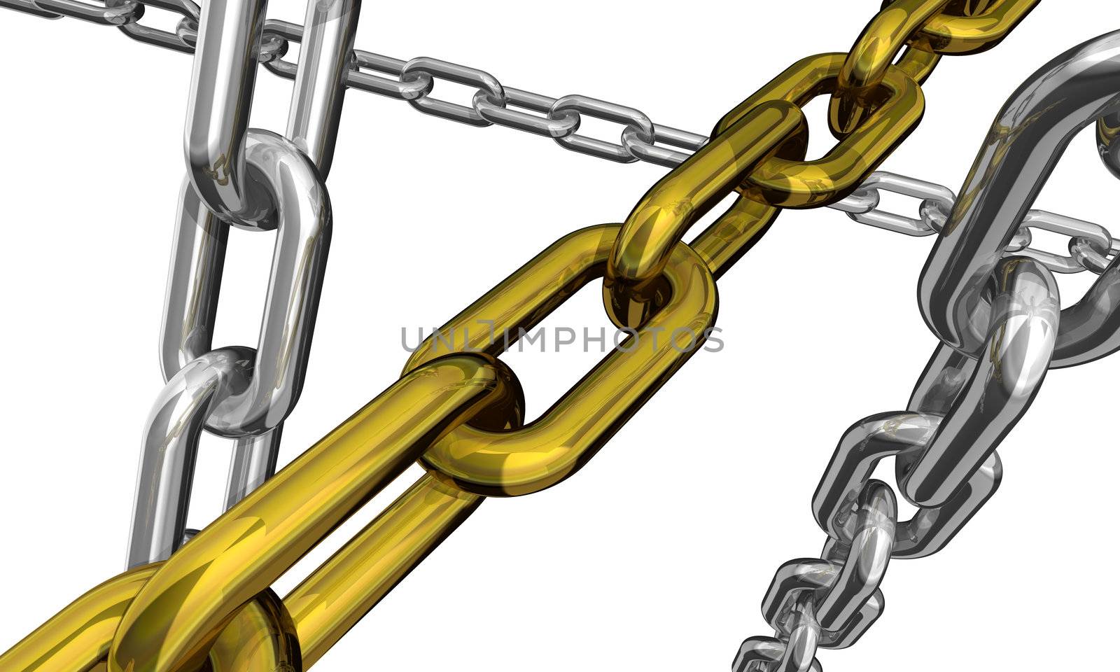 3d illustration of some silver and gold chains isolated on white background