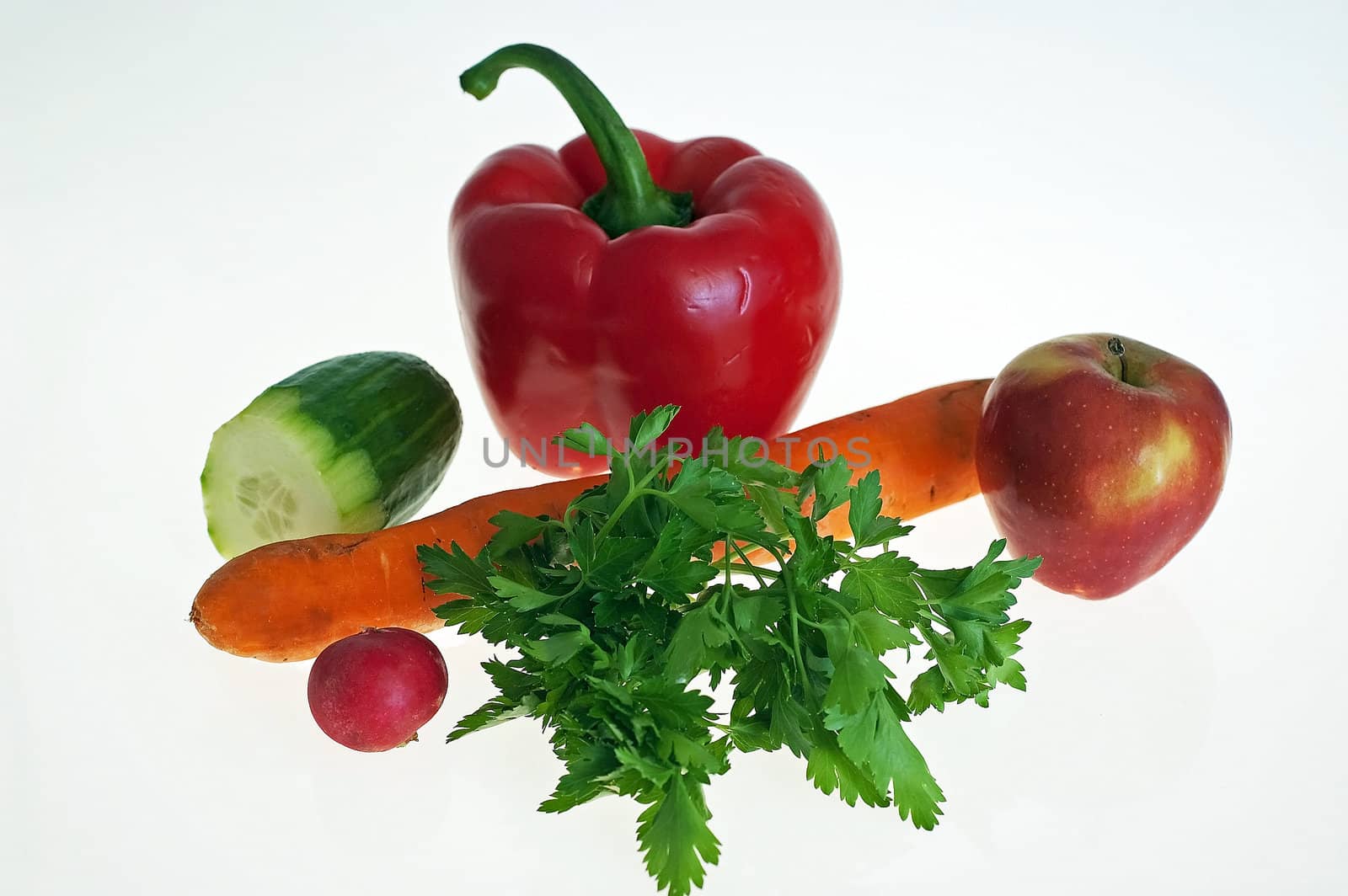 Colorful fresh group of vegetables for a balanced diet on white background