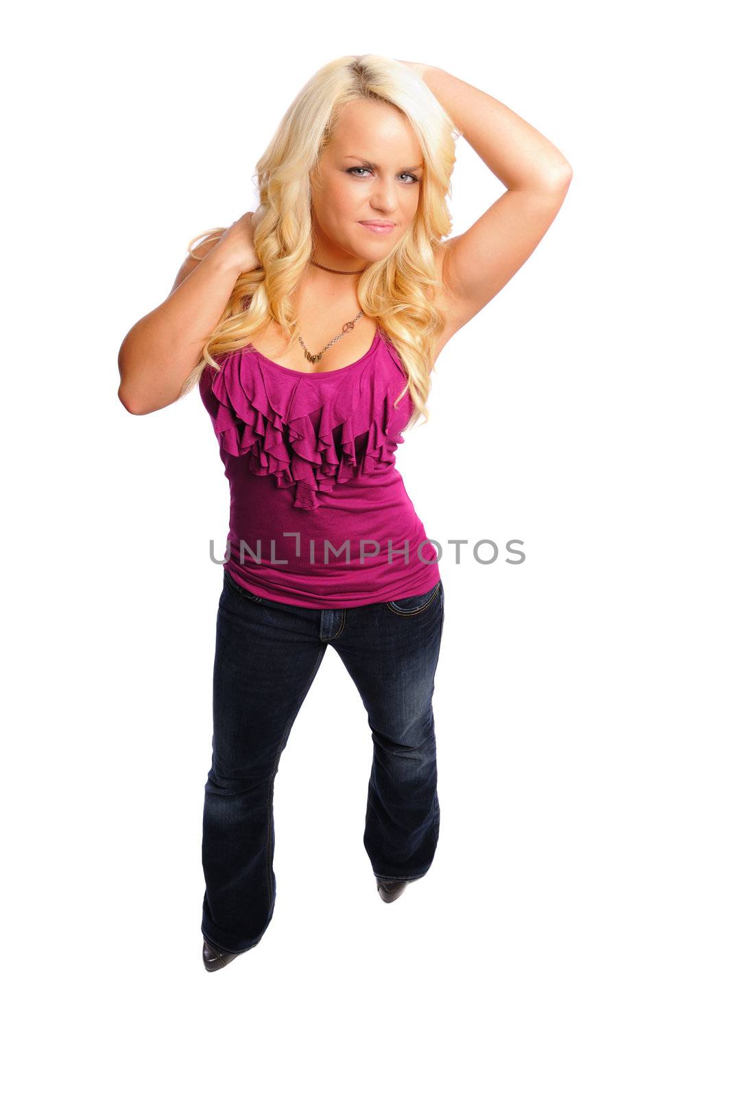 attractive young blonde woman on a  white background by PDImages