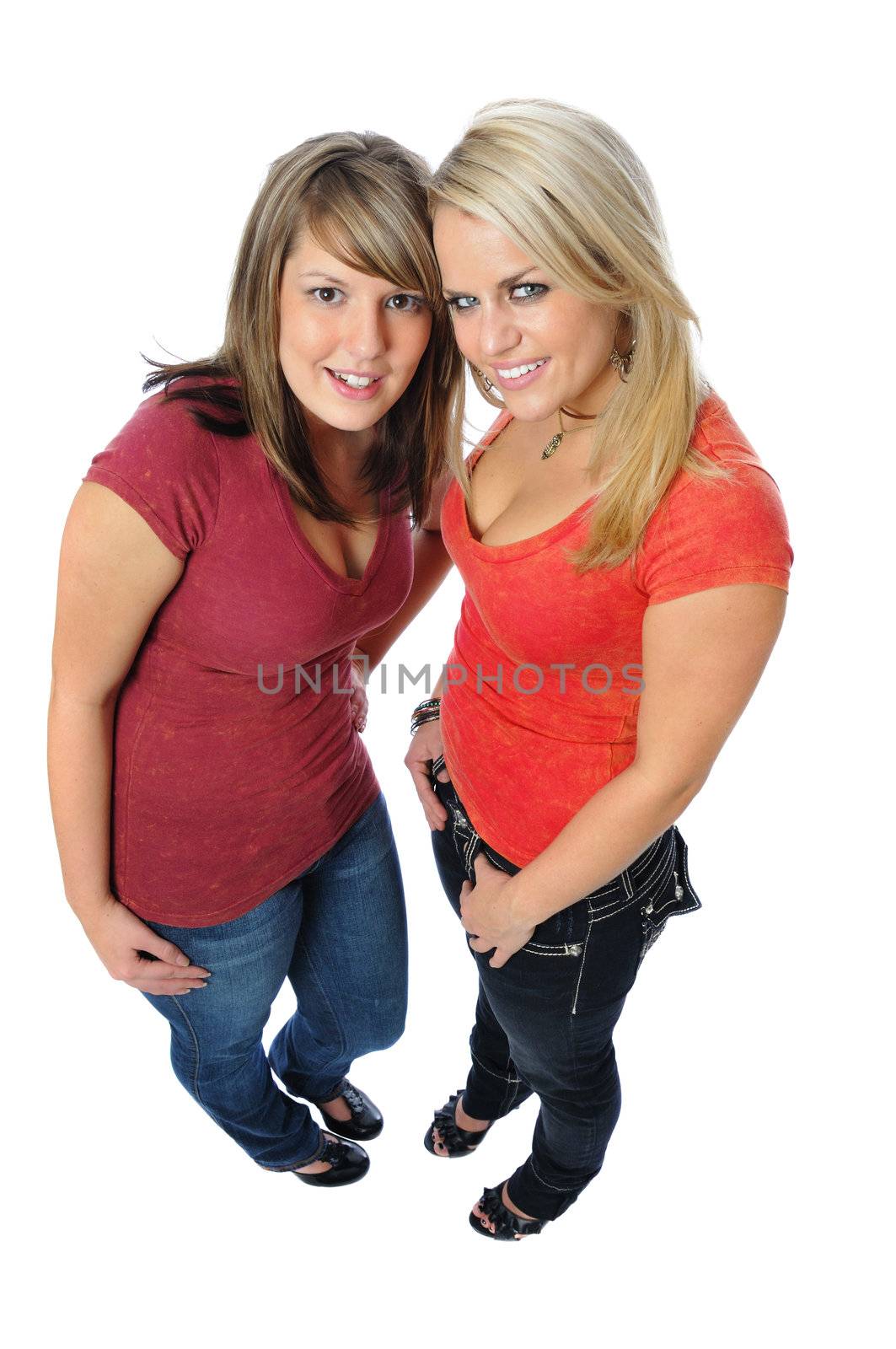 two friends posing together on a white background