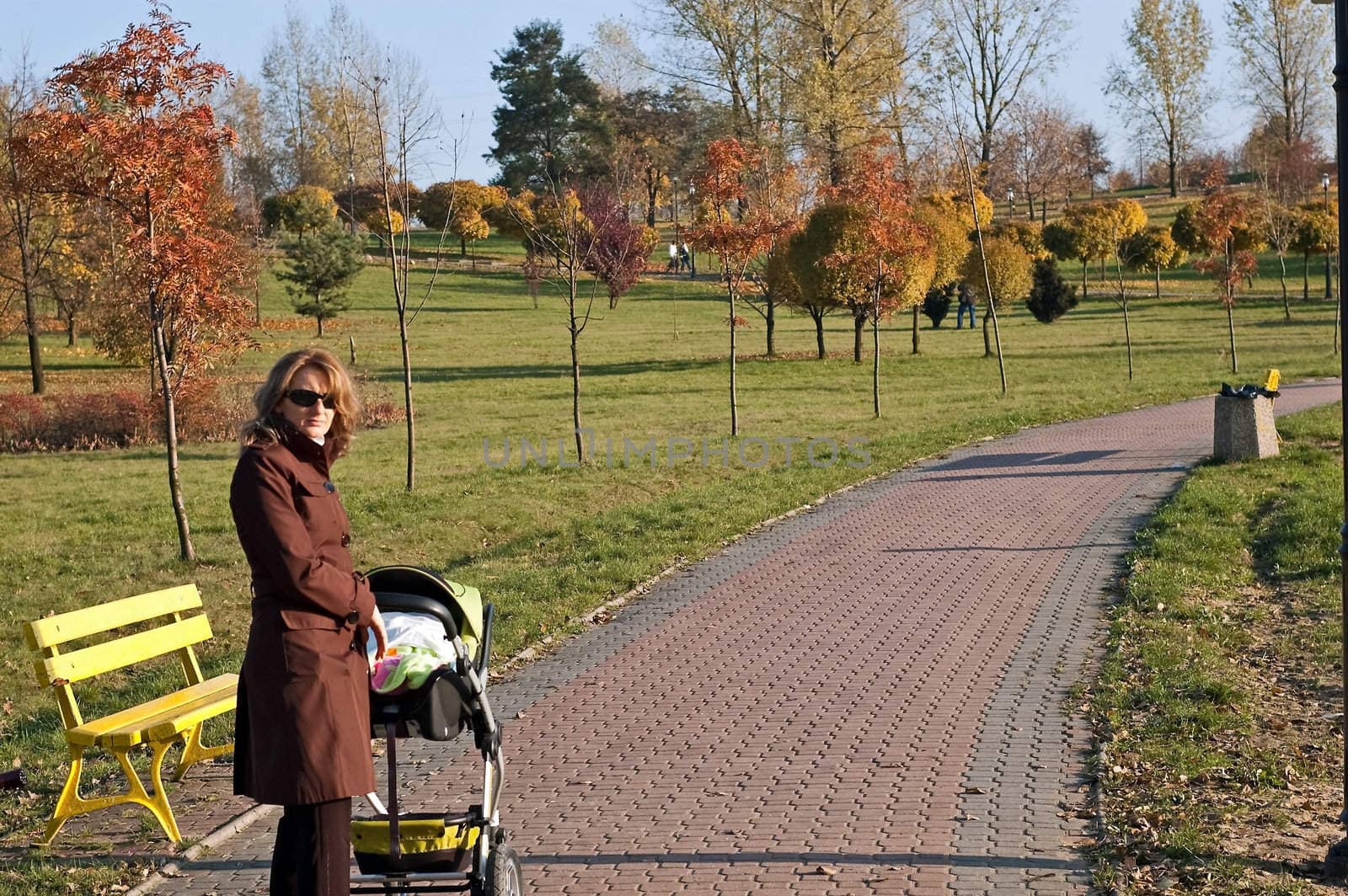 Young mother is walking in park with baby carriage