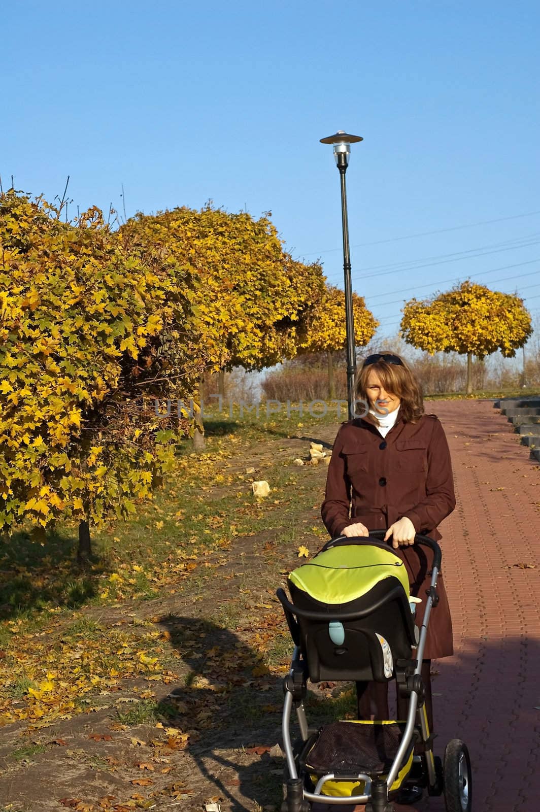 Young mother is walking in park with baby carriage