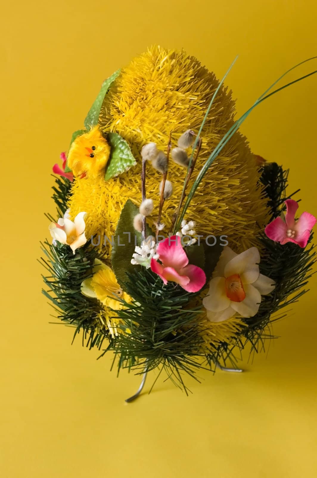 Festive egg with chicken on yellow background