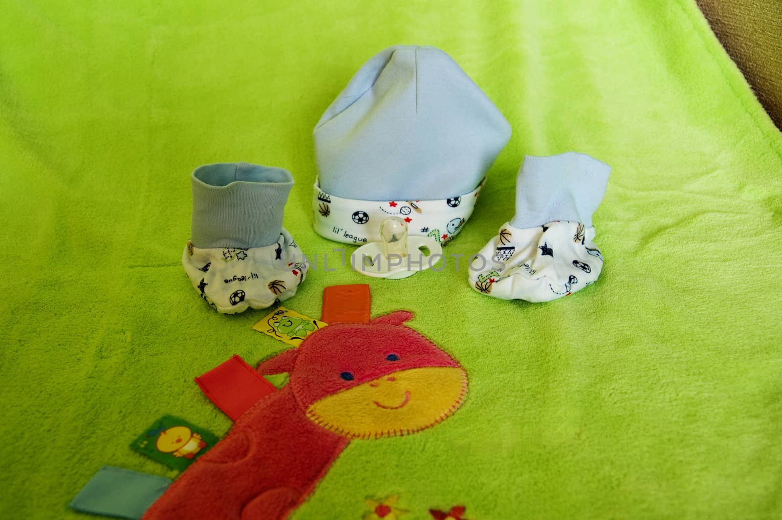 Essential children's accessories on green background , for each baby
