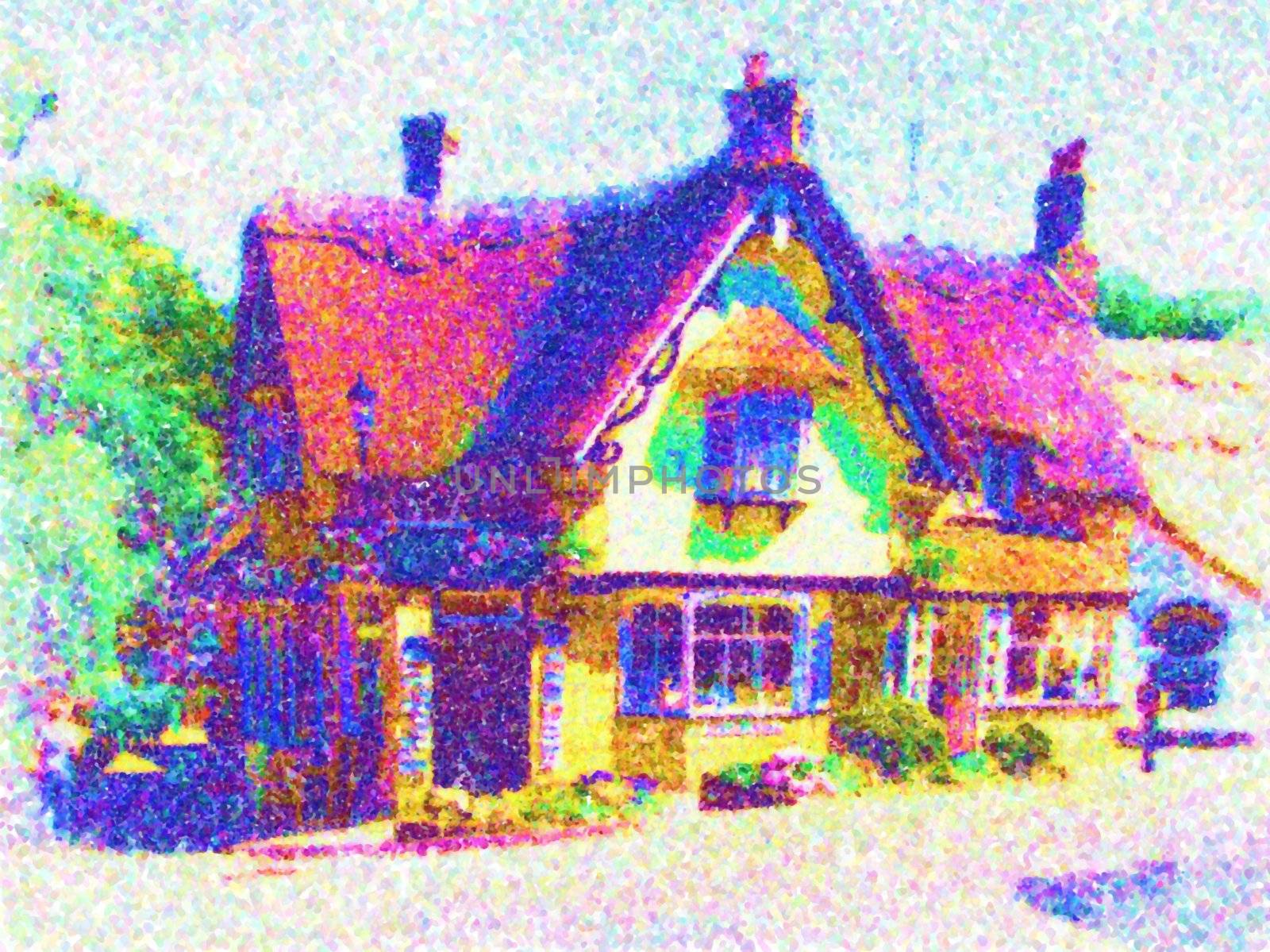 pointillism style illustration of a cottage
