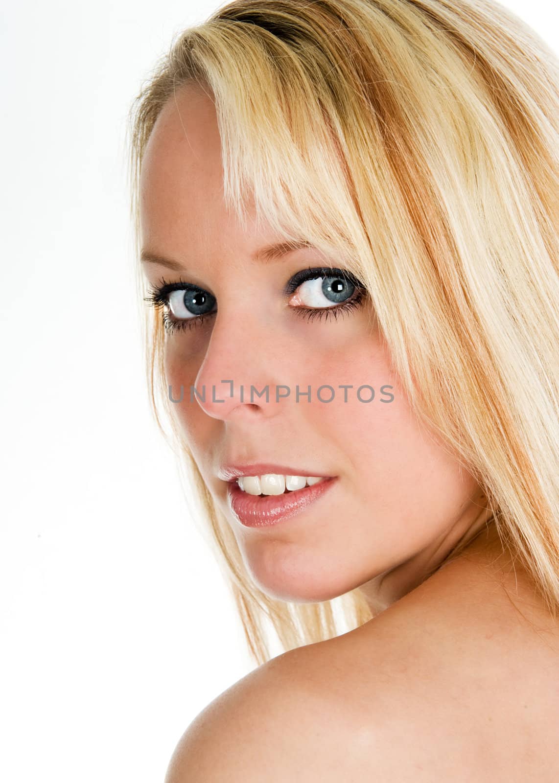 Portrait of a beautiful blond girl, isolated on white background