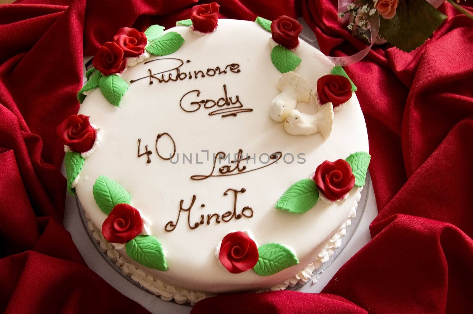 White Wedding Cake with Red Roses,