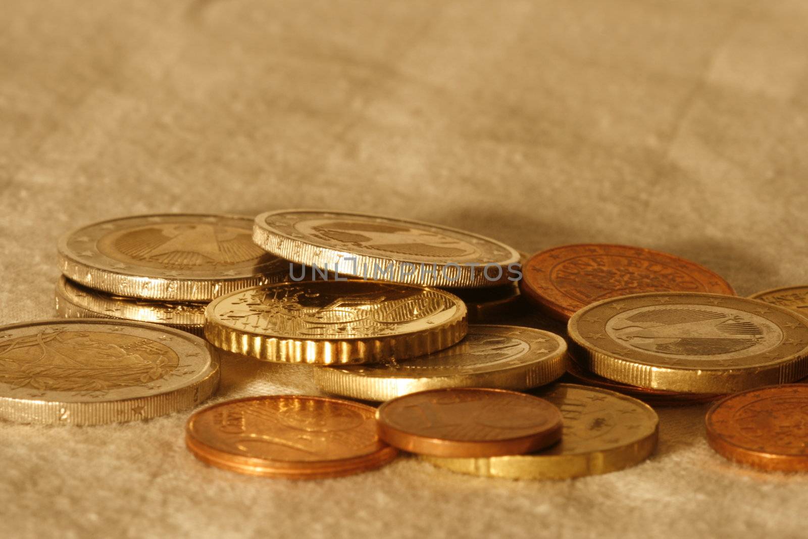 Euromoney; coins on a table