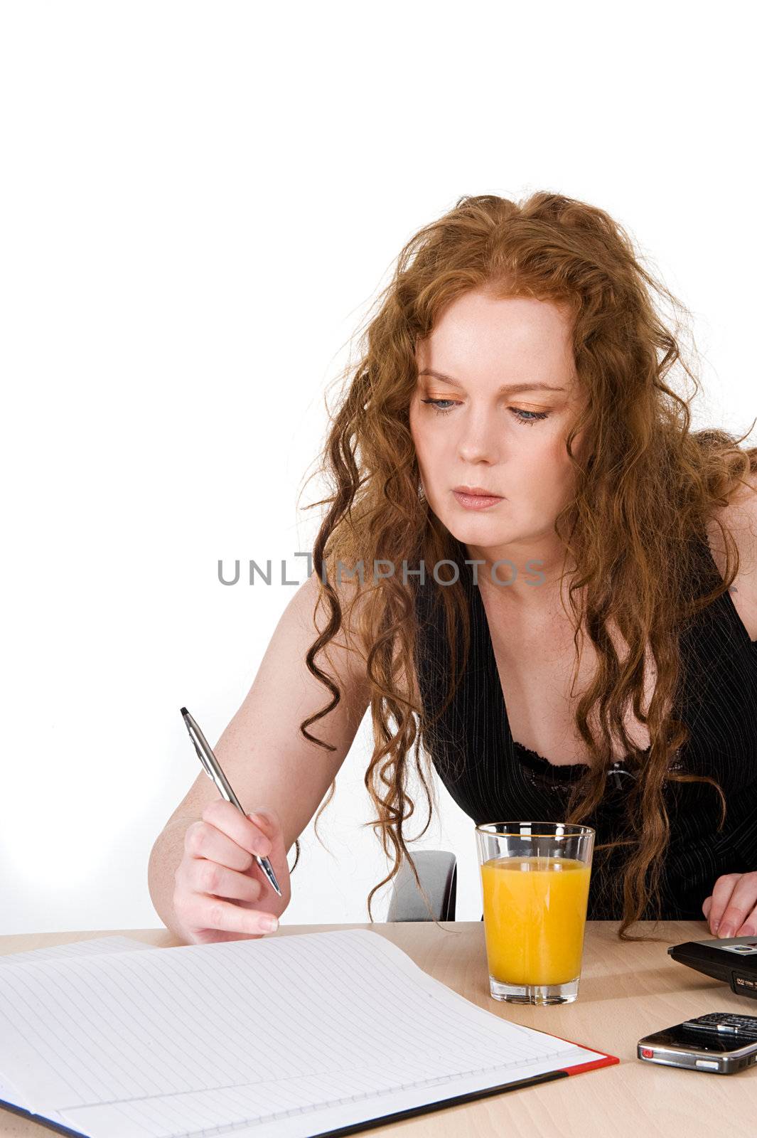 Beautiful girl busy at work, isolated om white background