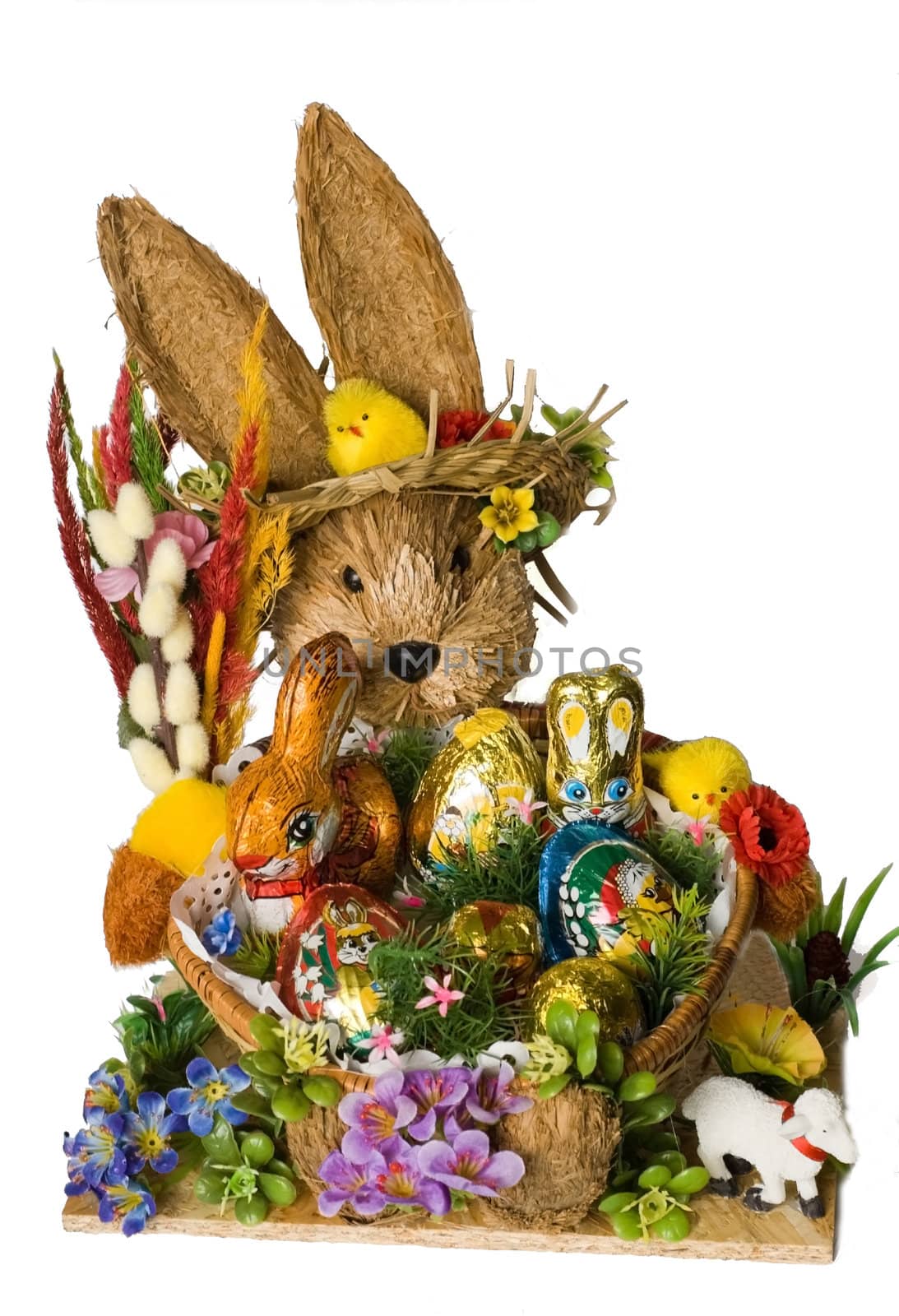 Easter bunny and colorful painted eggs 