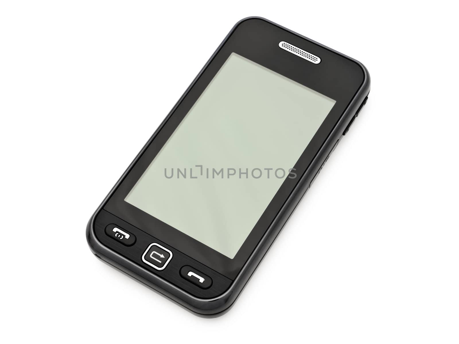 single modern mobile phone over white background