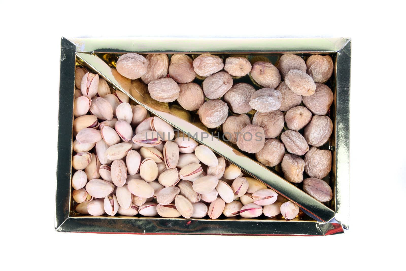 A box of dry-fruits, isolated on white background.