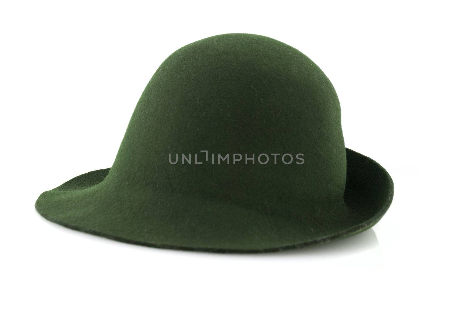 Simple green felt hat isolated on white background.