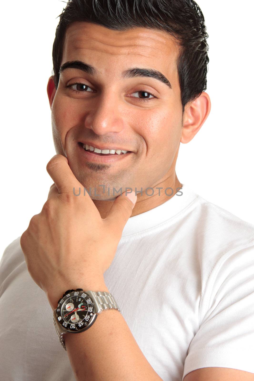 Happy laughing smiling casually dressed man wearing a chronograph watch.  White background.