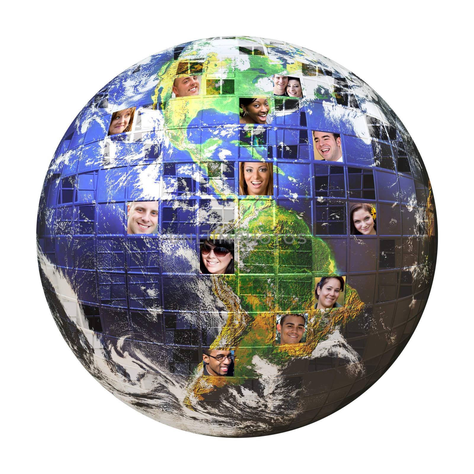 Montage of the earth with a global network of people from all walks of life on different continents isolated over white.  Clipping path included. Earth photo courtesy of NASA. 
