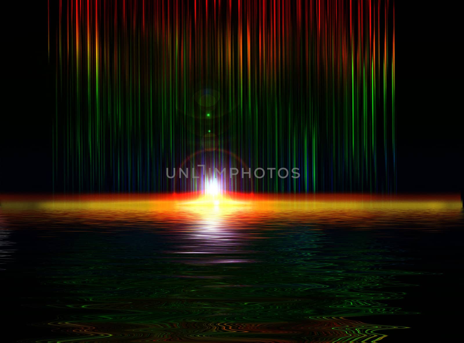 Artwork with rays, colored stripes, reflections on water