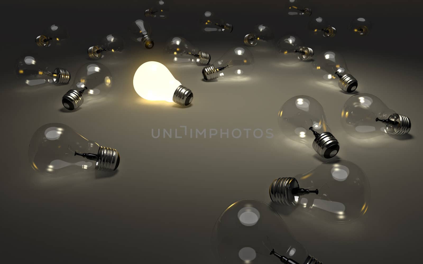 Some light bulbs only one is glowing. Concept image for having an idea.