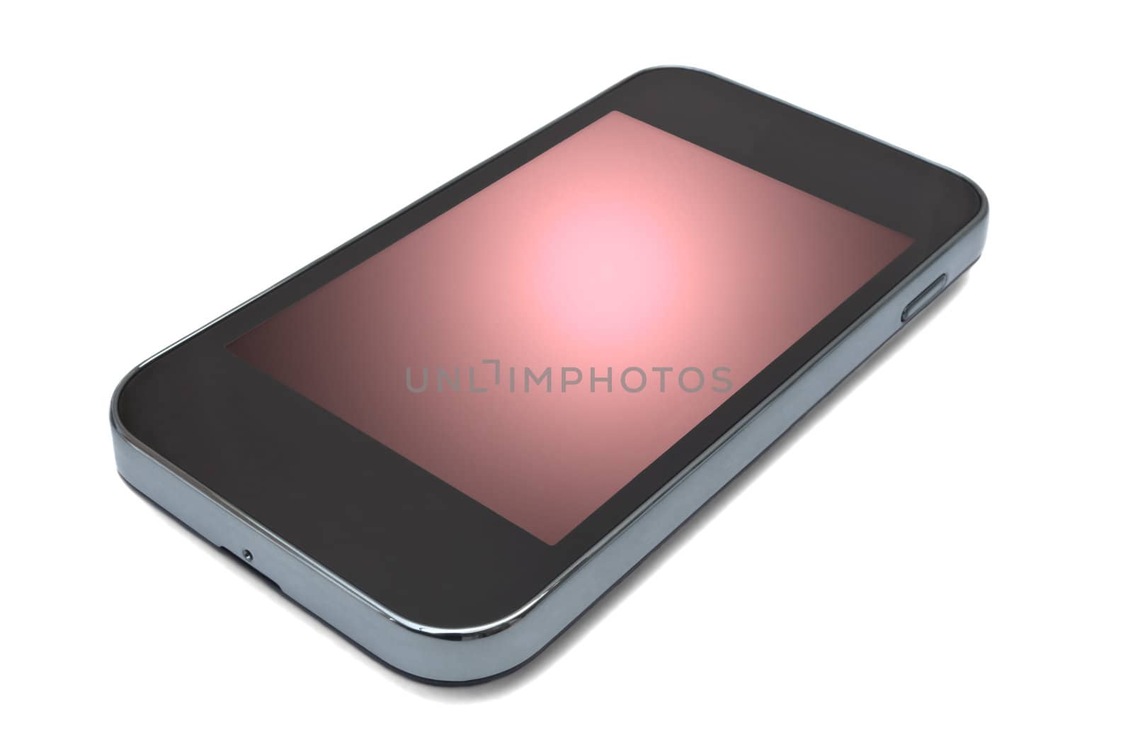 Close and low level capturing a single smart phone with red and pink screen. White background