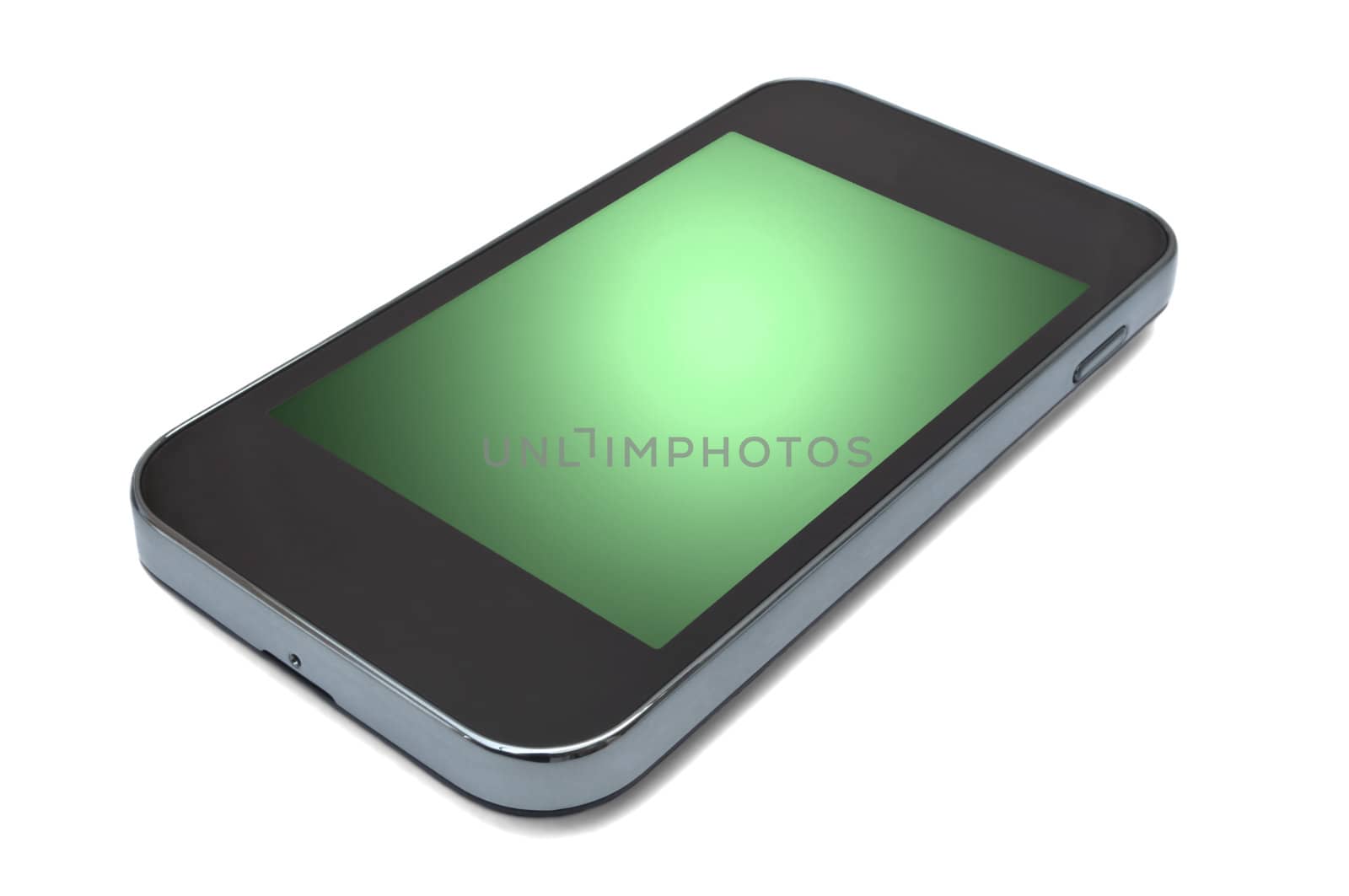 Close and low level capturing a single unbranded smart phone with green screen. White background