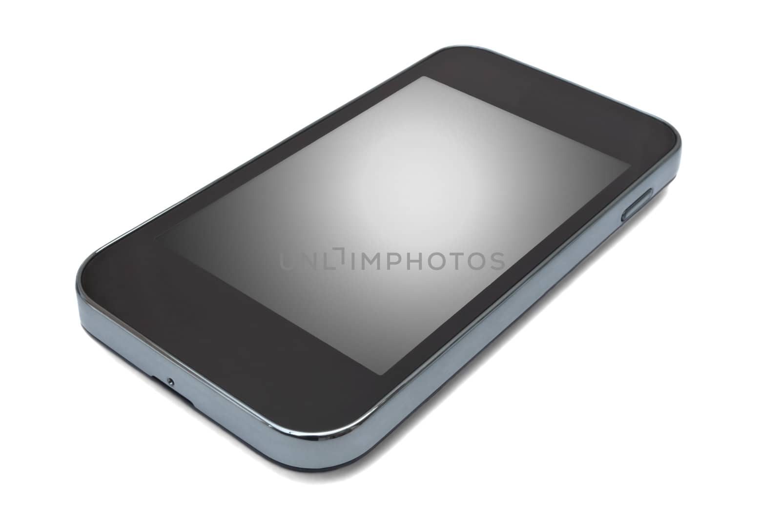 Low level and close up capturing a single unbranded smart phone arranged over white.