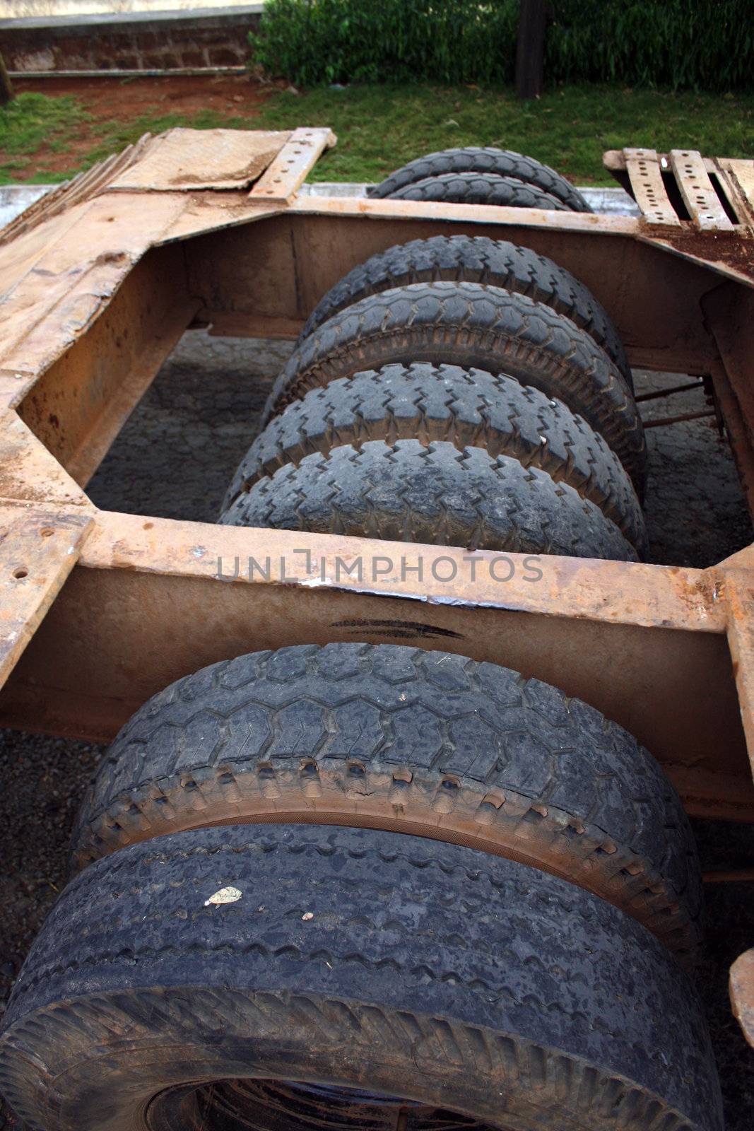The tires in a huge truck trailer.