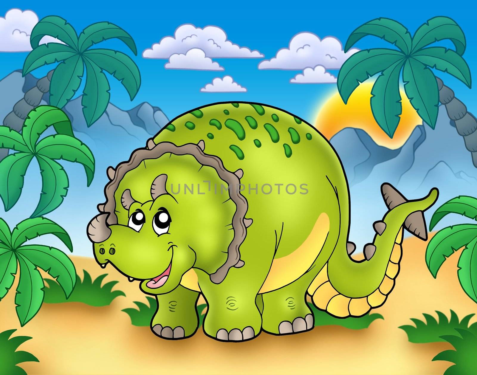 Cartoon triceratops in landscape by clairev