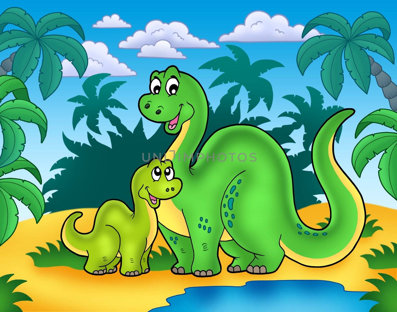 Dinosaur family in landscape - color illustration.