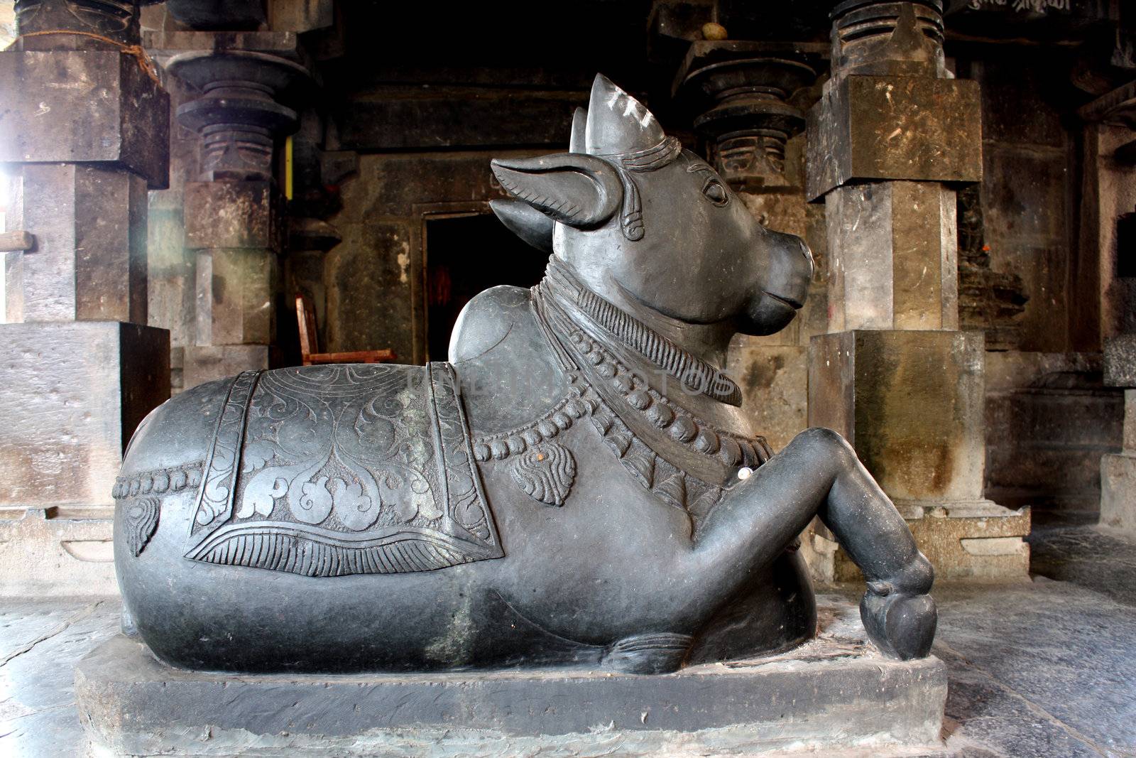 A beautiful sculpture of the Nandi - The Bull(considered to be vehicle of lord Shiva), in an ancient Indian temple.