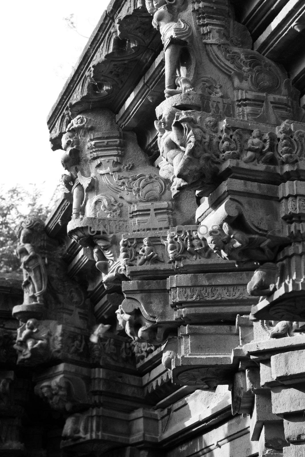 A classic picture of the beautiful architecture of an ancient temple ruins in India.