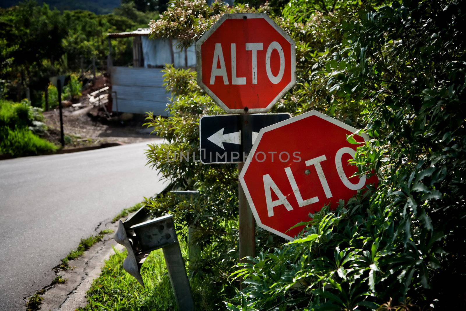 Alto signs at intersection in Santa Elena Costa Rica