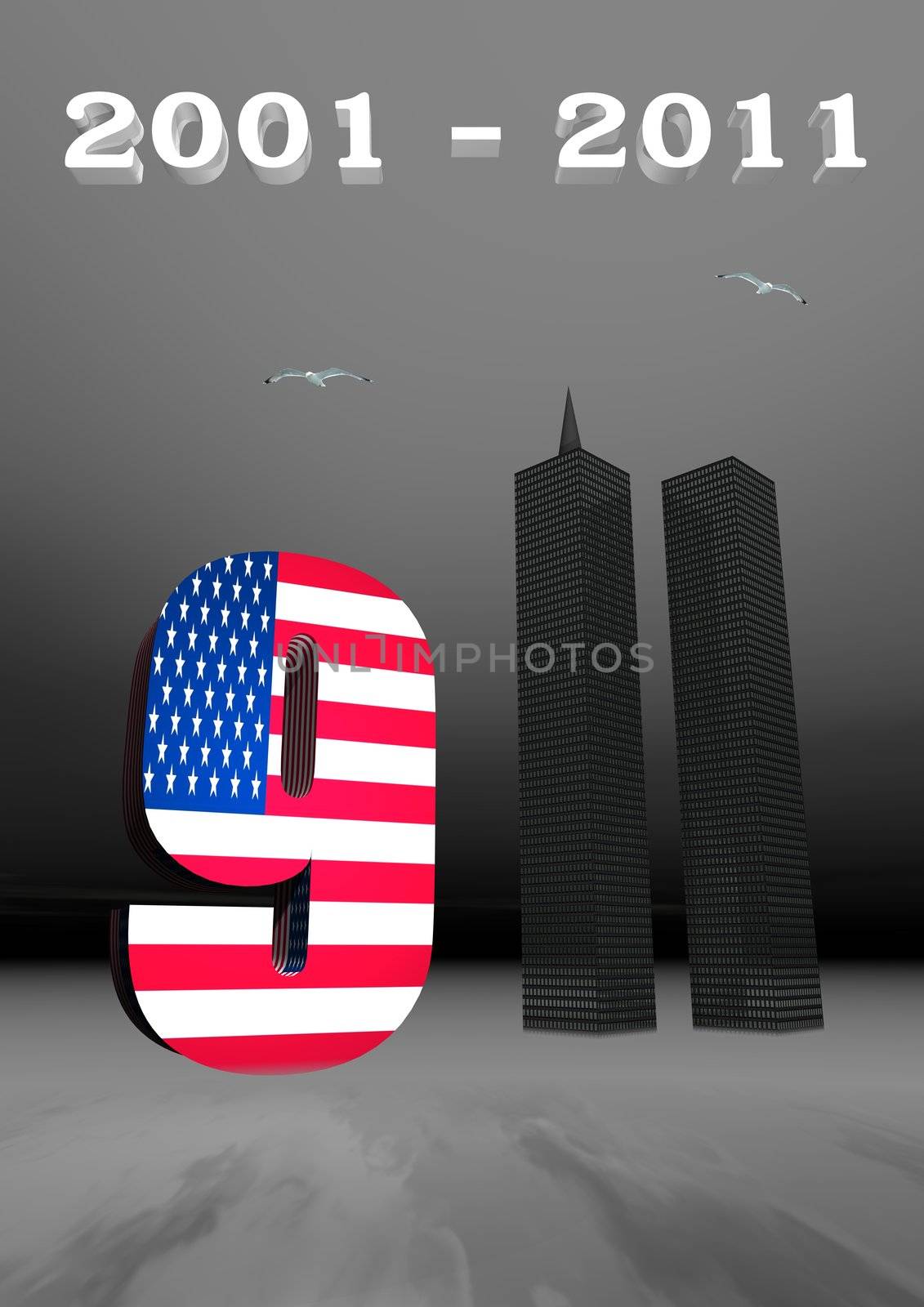 USA flag and World Trade Center twin tower buildings for 9 - 11, 3D illustration for remembrance