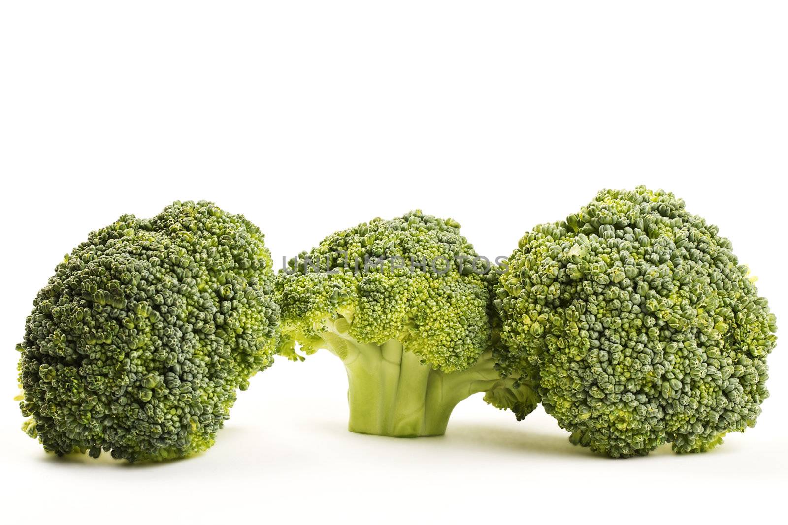 three green broccoli on white background
