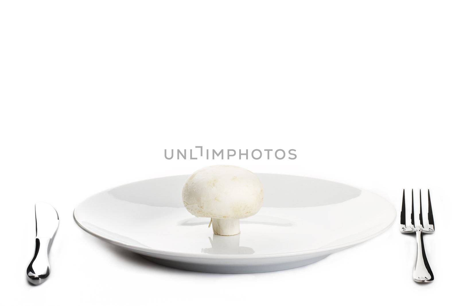 one white mushroom on a plate with knife and fork