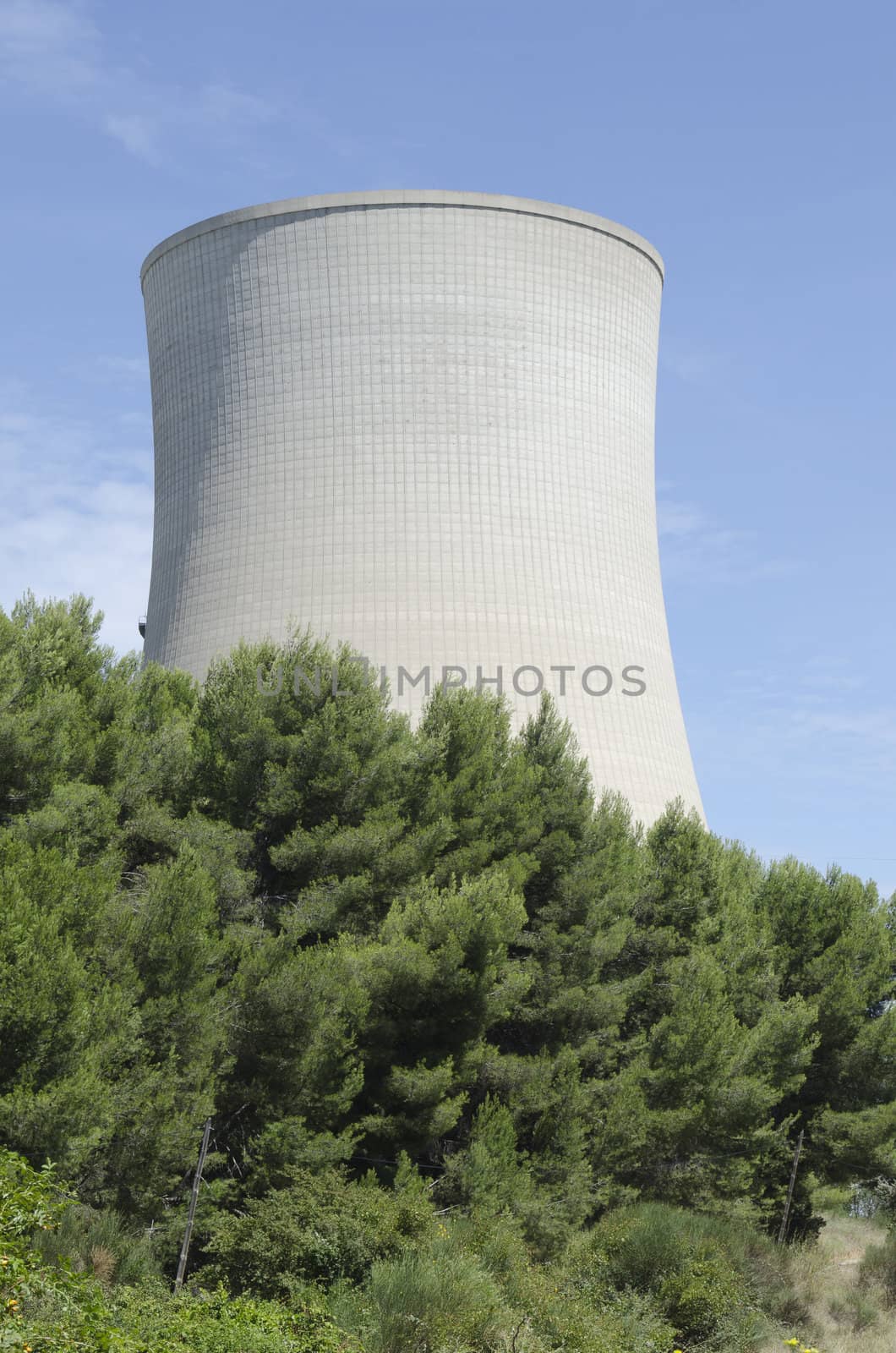 cooling tower nuclear in campaign behind trees