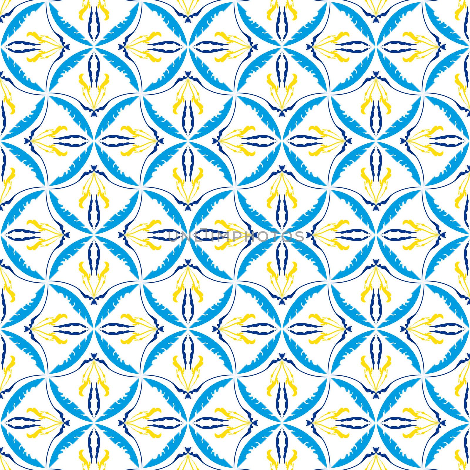 Yellow, blue and white mosaic seamless pattern.