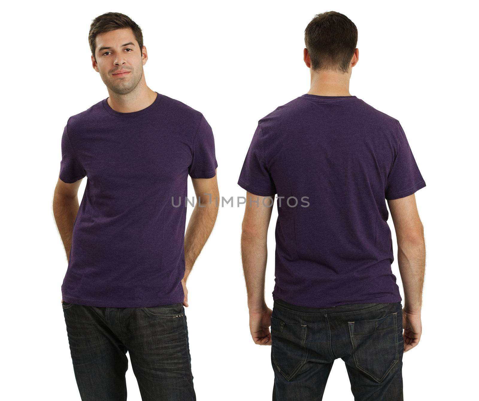 Young male with blank purple t-shirt, front and back. Ready for your design or logo.