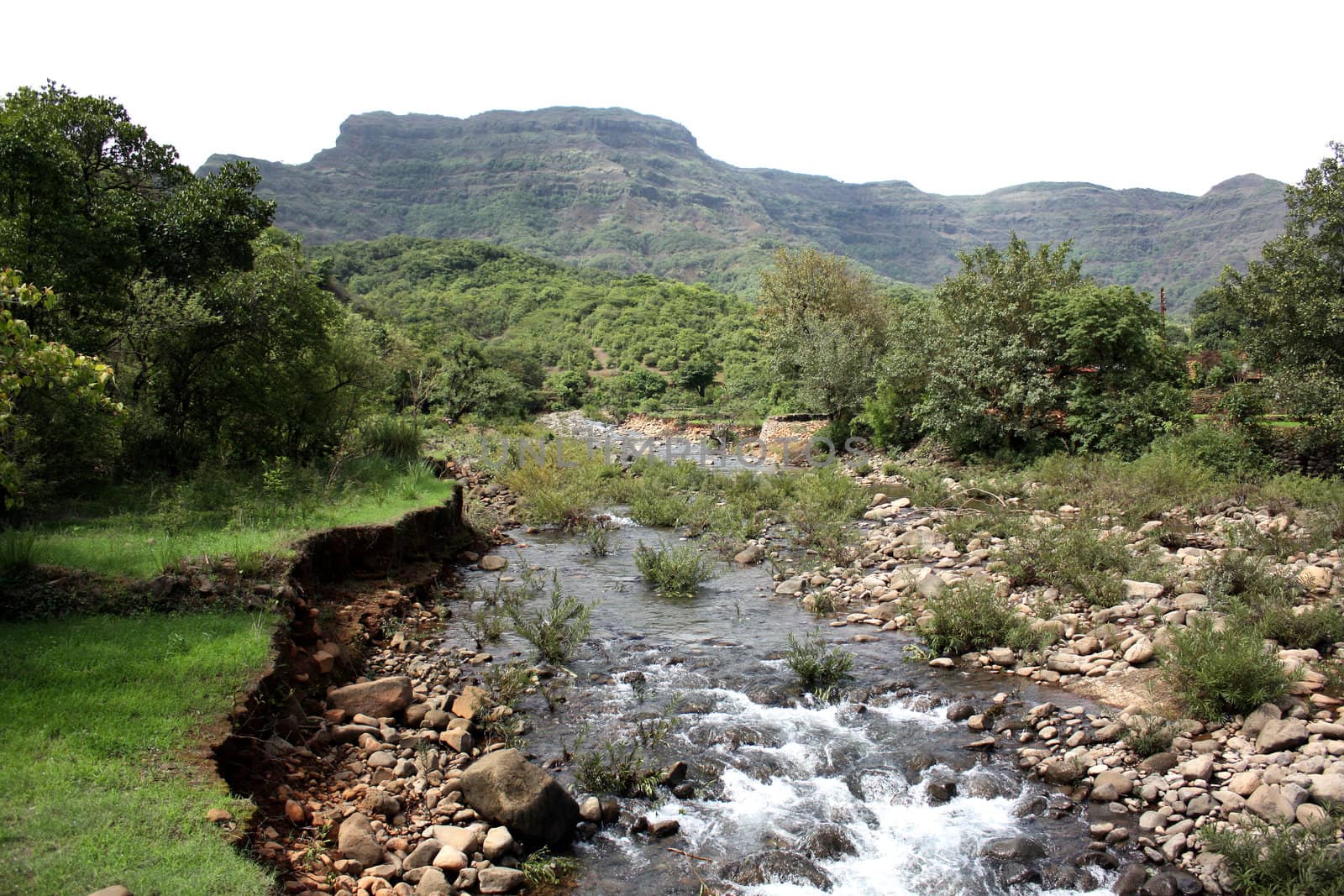 A beautiful background with a view of a mountain stream flowing down from the Indian mountains.