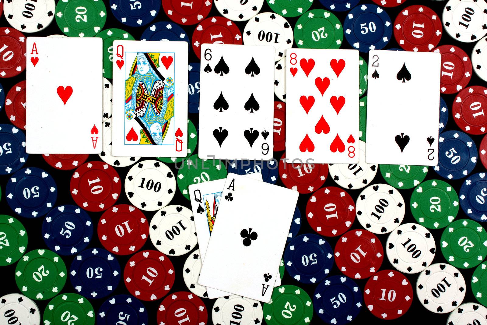 A background of poker hand of 'Two Pairs' on colorful gambling chips.