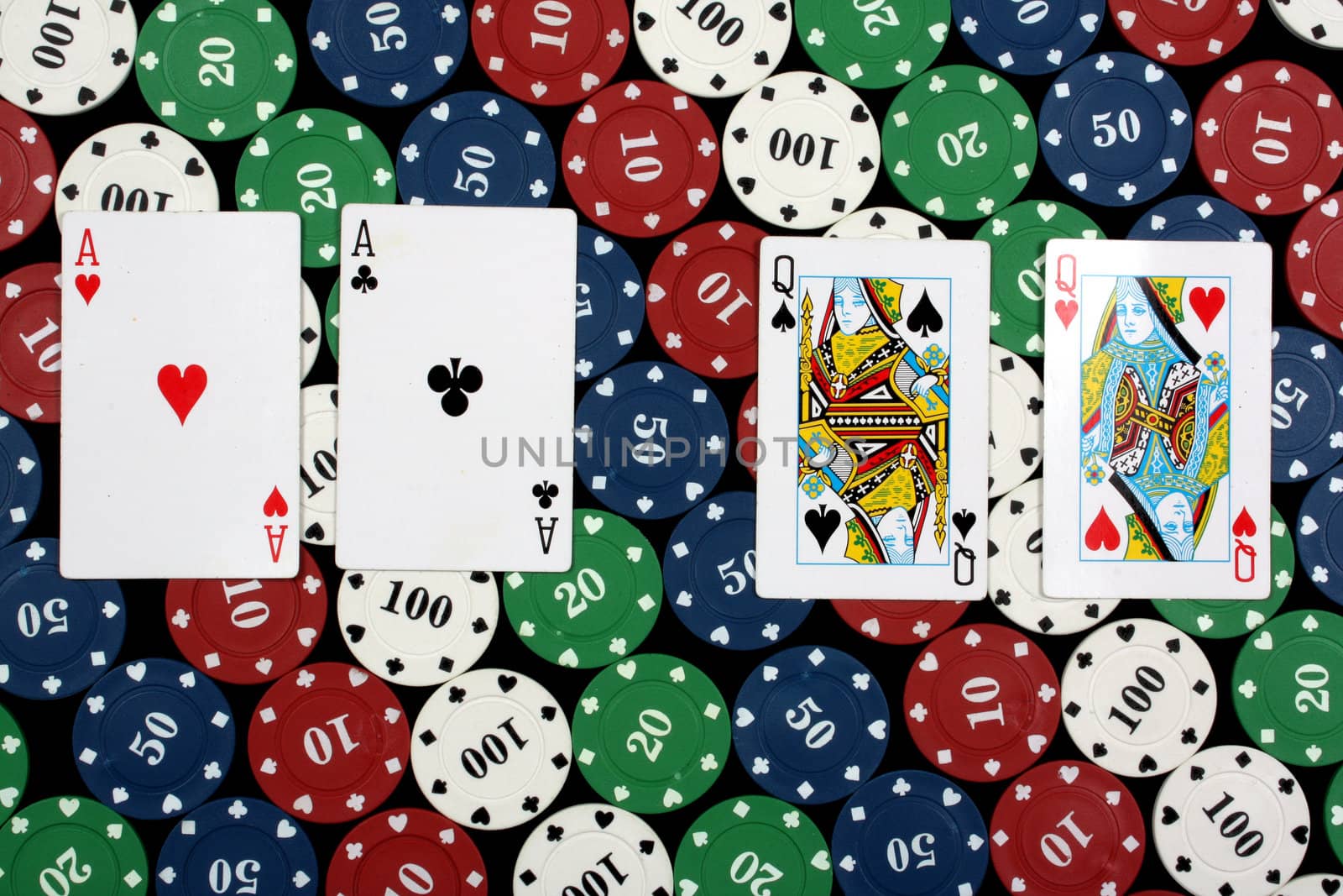 A poker hand of two pairs on a pattern of colorful gambling / casino chips.
