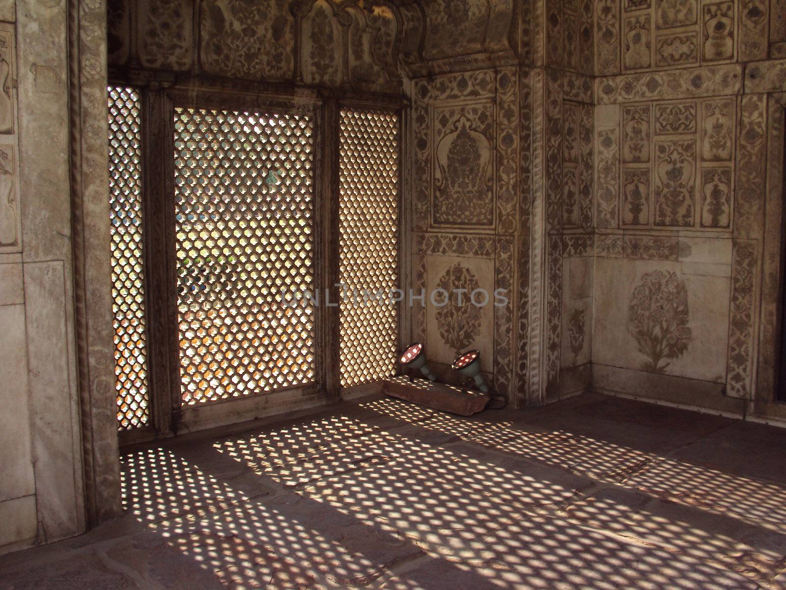 Sunlight coming in from Marble crafted palace Diwan-i-Khas of Red Fort in Delhi, India.