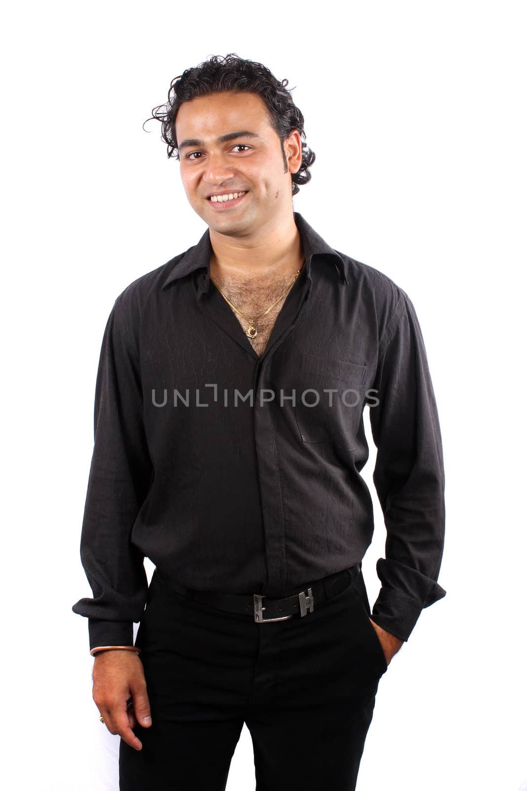 A young Indian male model, on white studio background.