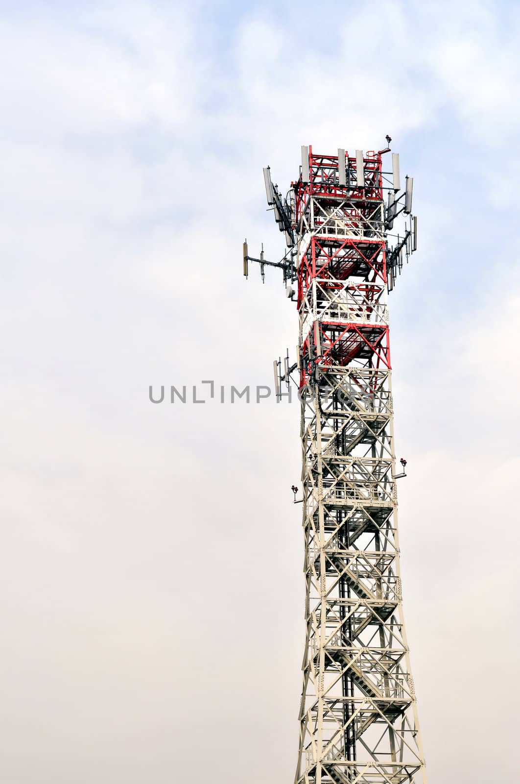 Communication tower radio mast with antenna aerial