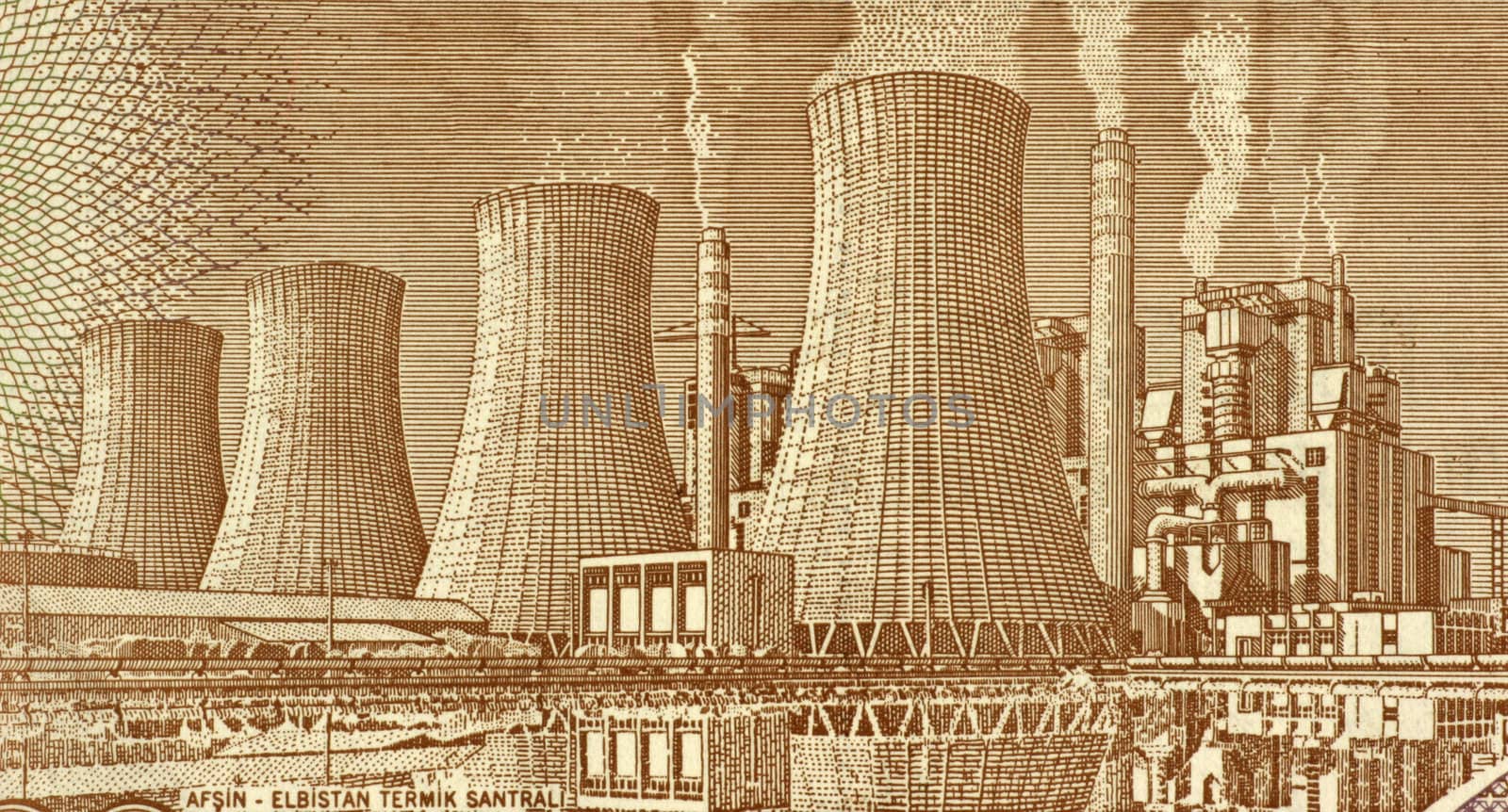 Afsin Elbistan Thermal Power Plant on 5000 Liras 1970 Banknote from Turkey.