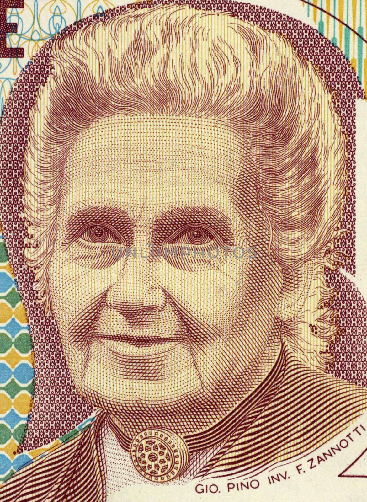 Maria Montessori (1870-1952) on 1000 Lire 1990 Banknote from Italy. Physician, educator, philosopher, humanitarian and devout Catholic, best known for her philosophy and the Montessori method of educating children.