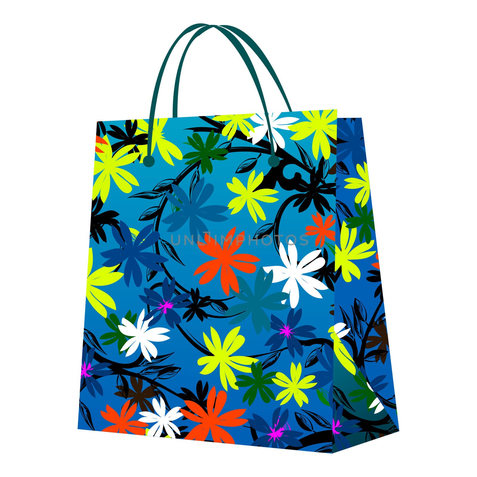 Shopping bag with floral design, isolated object on white