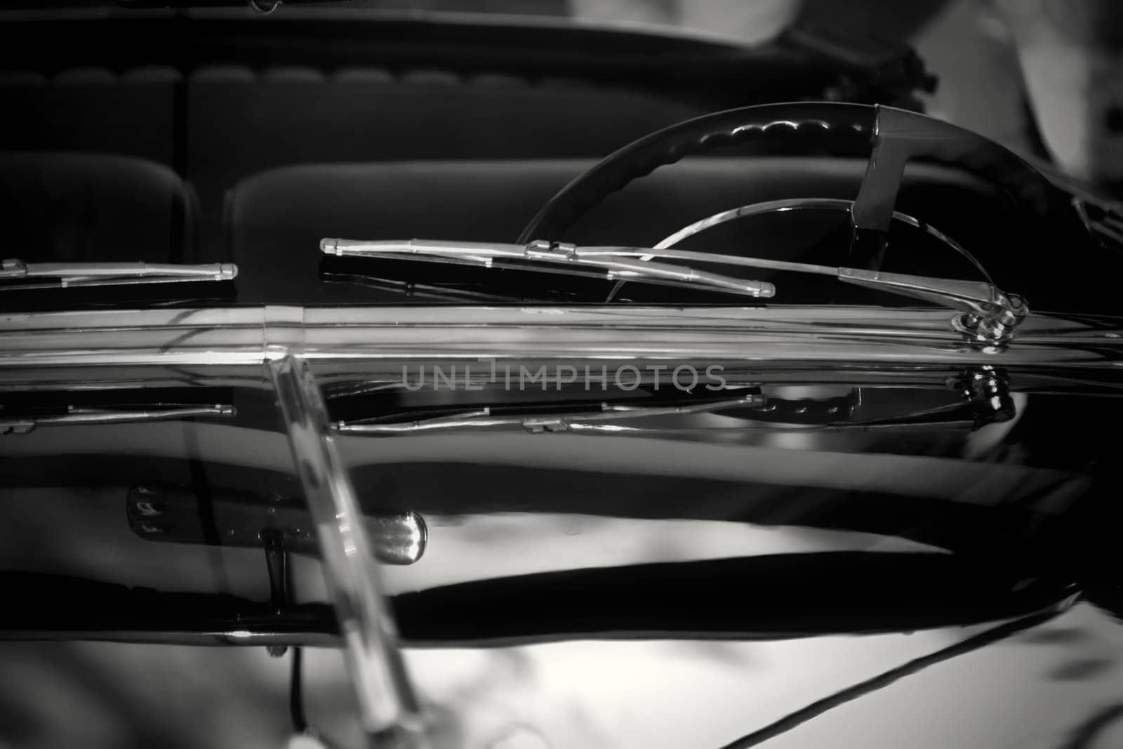 Classic car detail , shallow DOF black and white photo