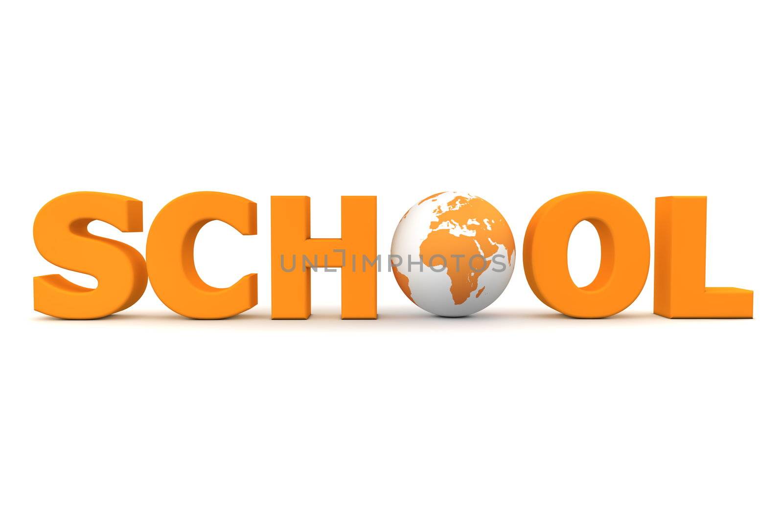 orange word SCHOOL with a 3D globe replacing letter O