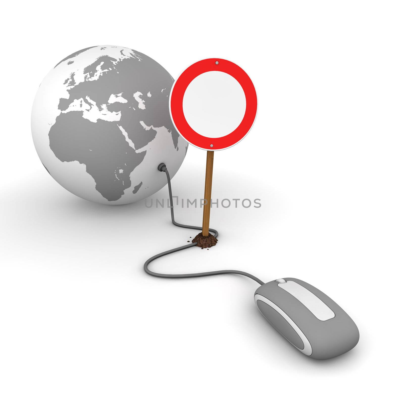 grey computer mouse is connected to a grey globe - surfing and browsing is blocked by a red-white no passing sign that cuts the cable